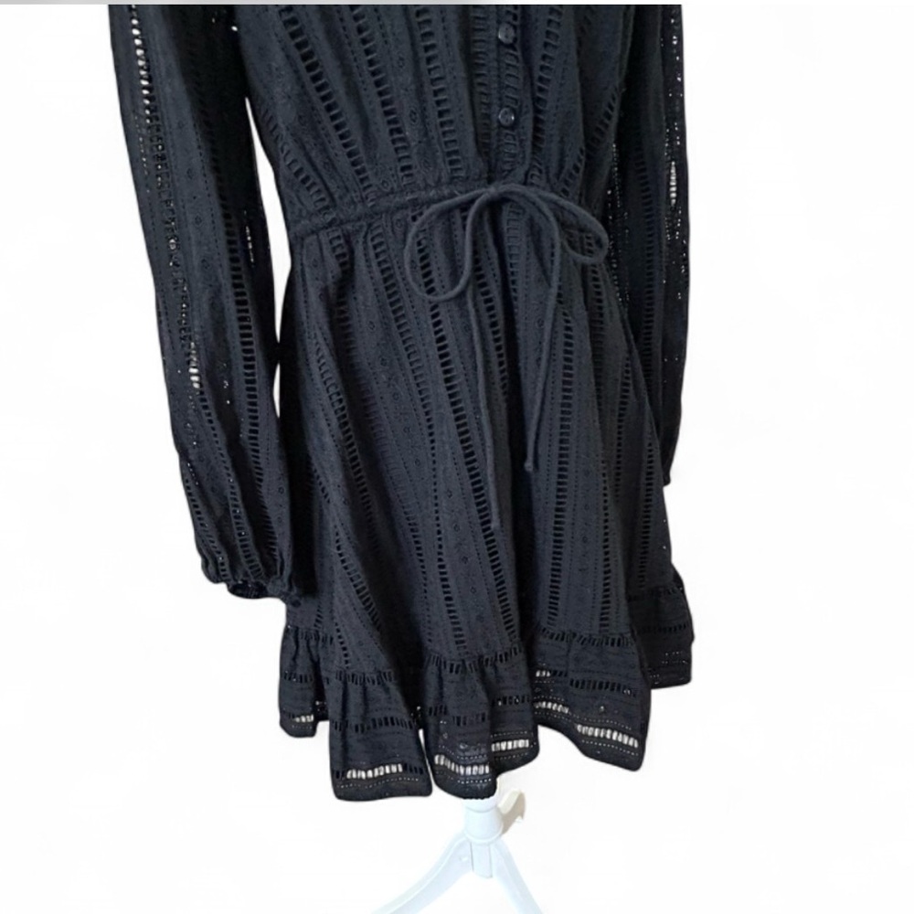 Black Eyelet Tie-Waist Long Sleeve Mini Dress - Picture 3 of 7